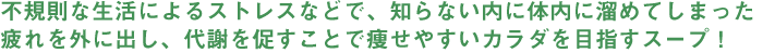 不規則な生活によるストレスなどで、知らない内に体内に溜めてしまった疲れを外に出し、代謝を促すことで痩せやすいカラダを目指すスープ！